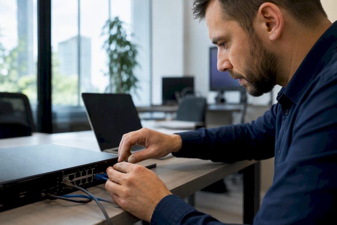 Hands connecting network cables in server rack
