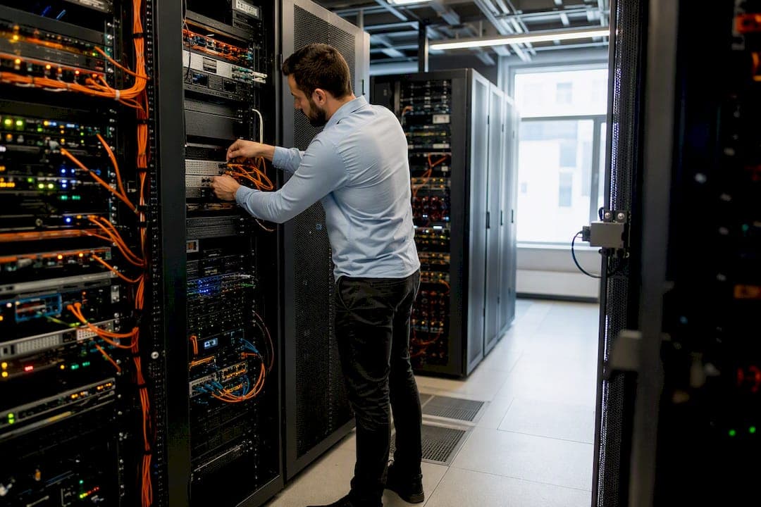 Technician connecting cable in data centre