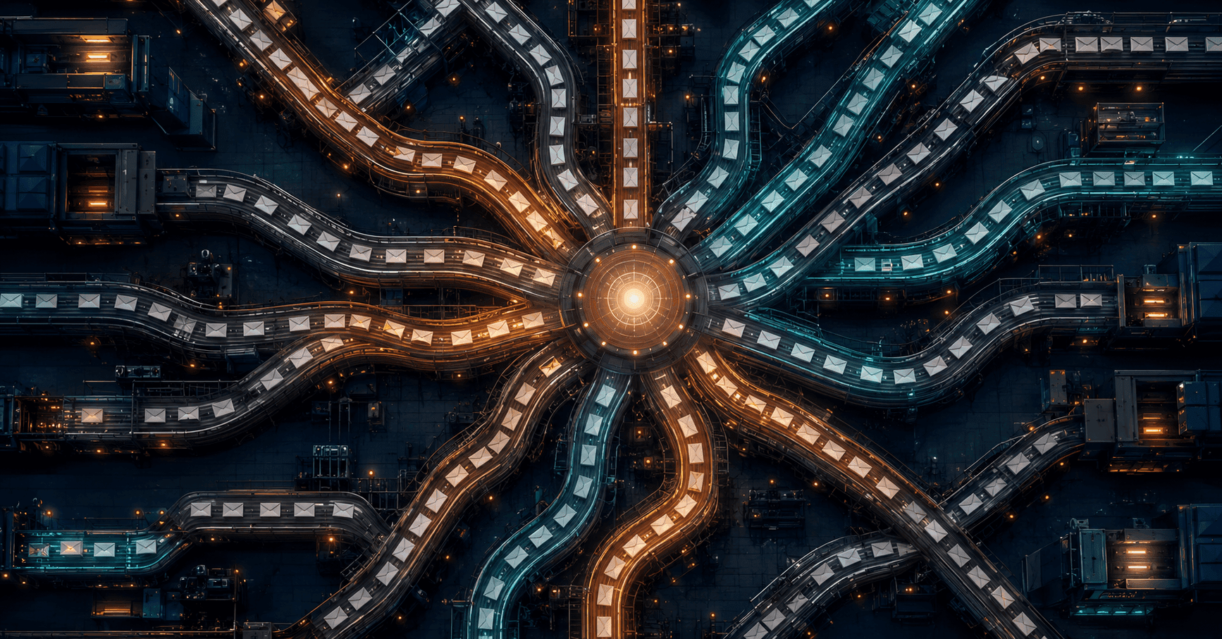 Lots of technical connectors to a central hub.